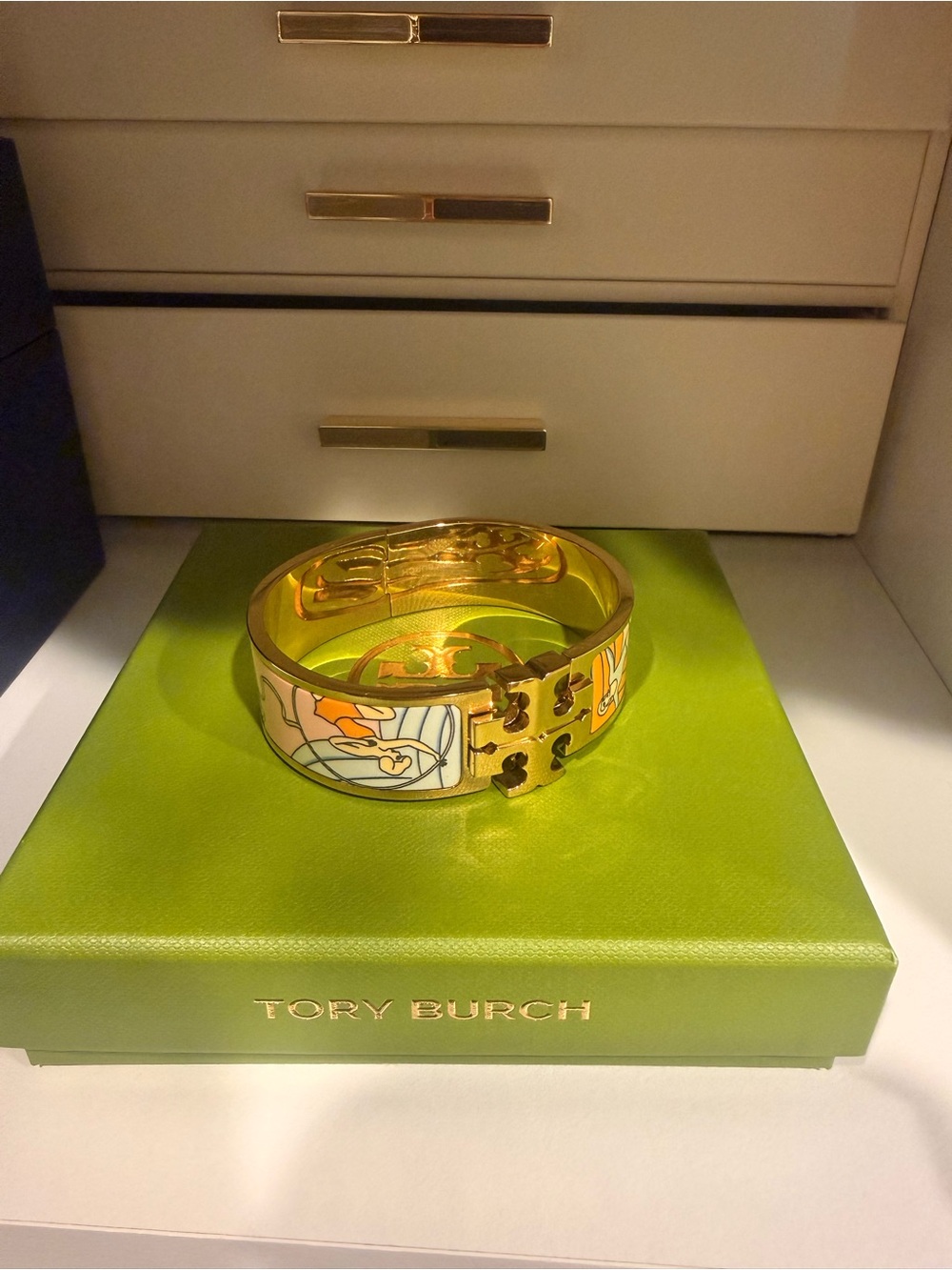 Tory Burch Gold Enamel Bracelet with Yellow and Multicolor Inlay